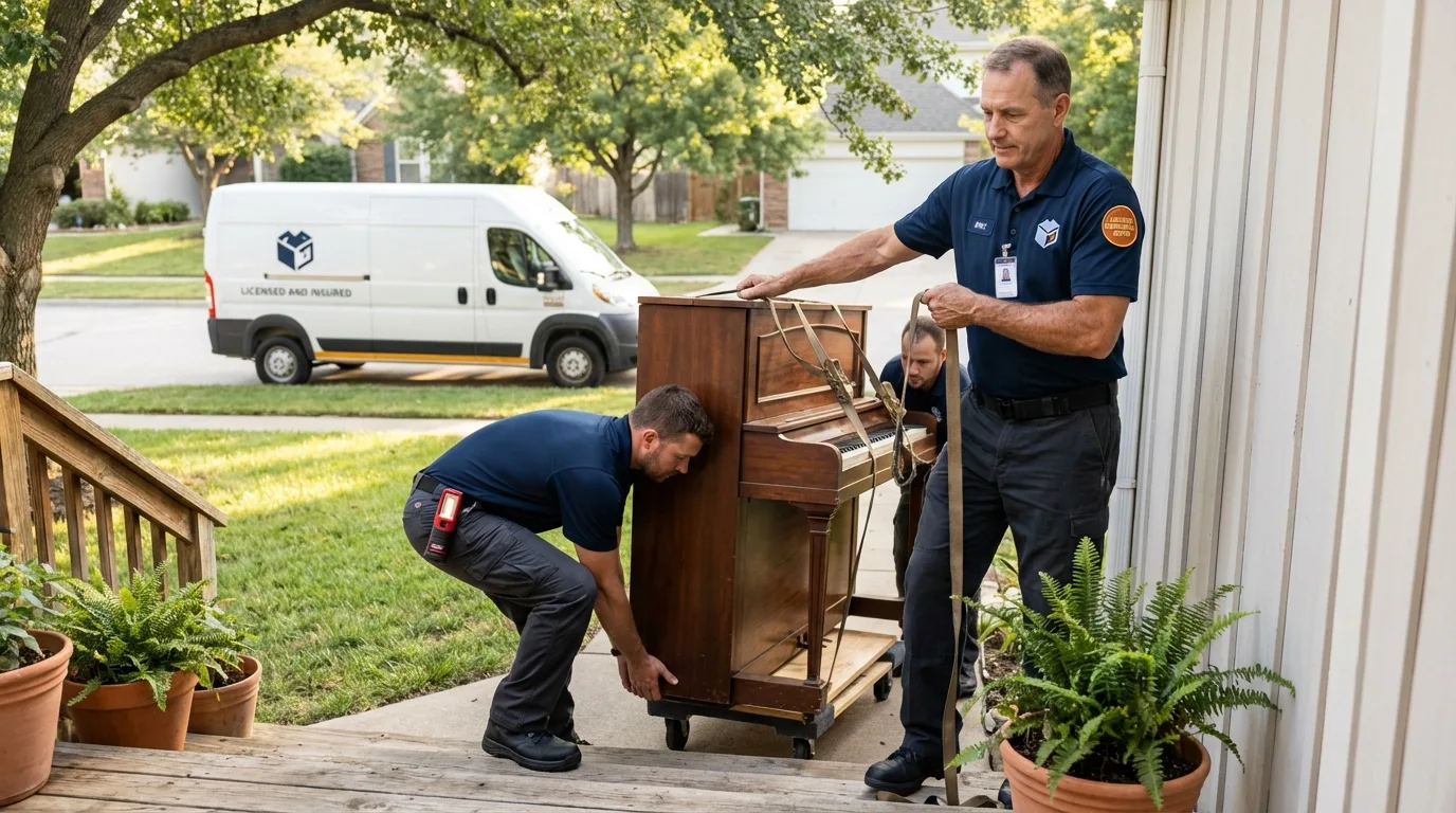 Licensed piano movers securing grand piano in Kaufman, TX