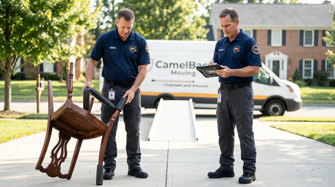 Movers inspecting furniture for damage prevention before loading in Kaufman, TX