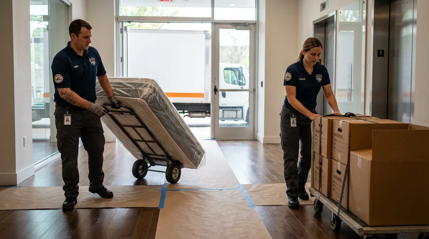 Professional apartment movers loading elevator in Kaufman, TX